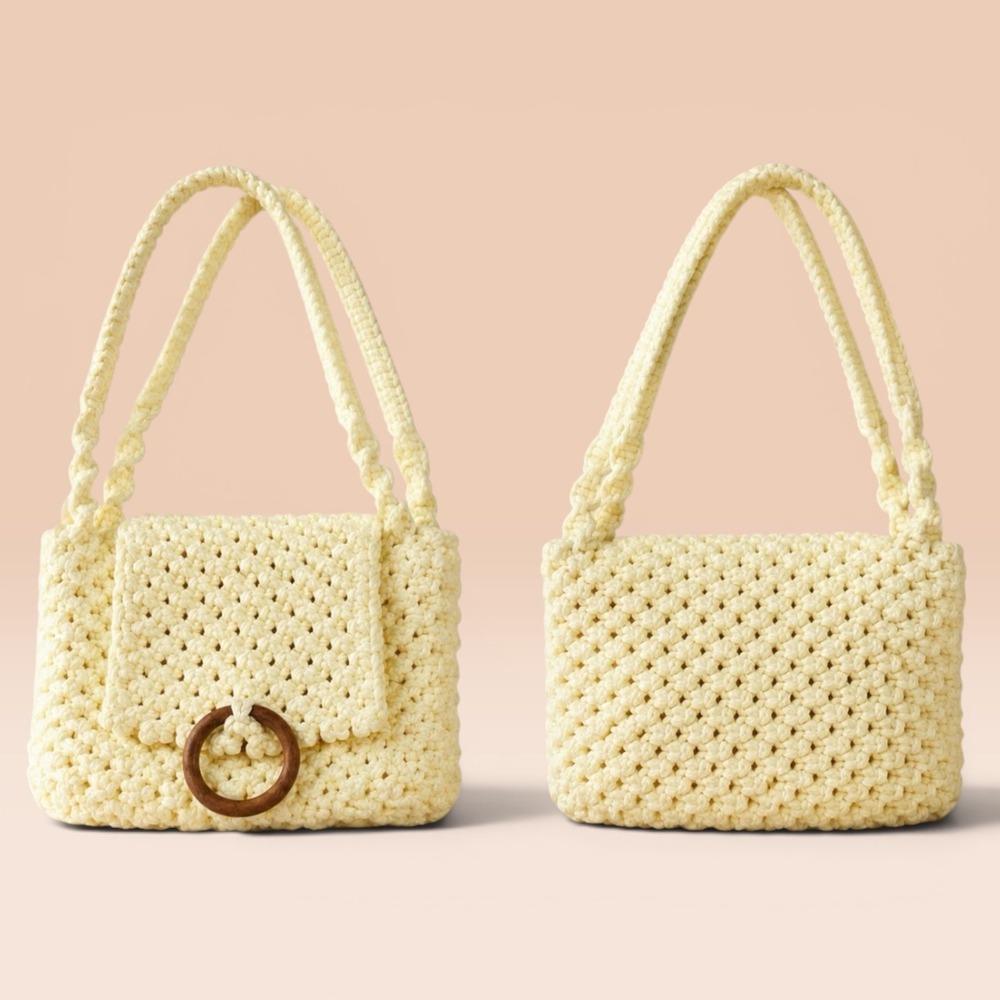 Handmade‎ Macrame Shoulder Bag Cream Woven Boho Wooden Ring Closure Summer Tote